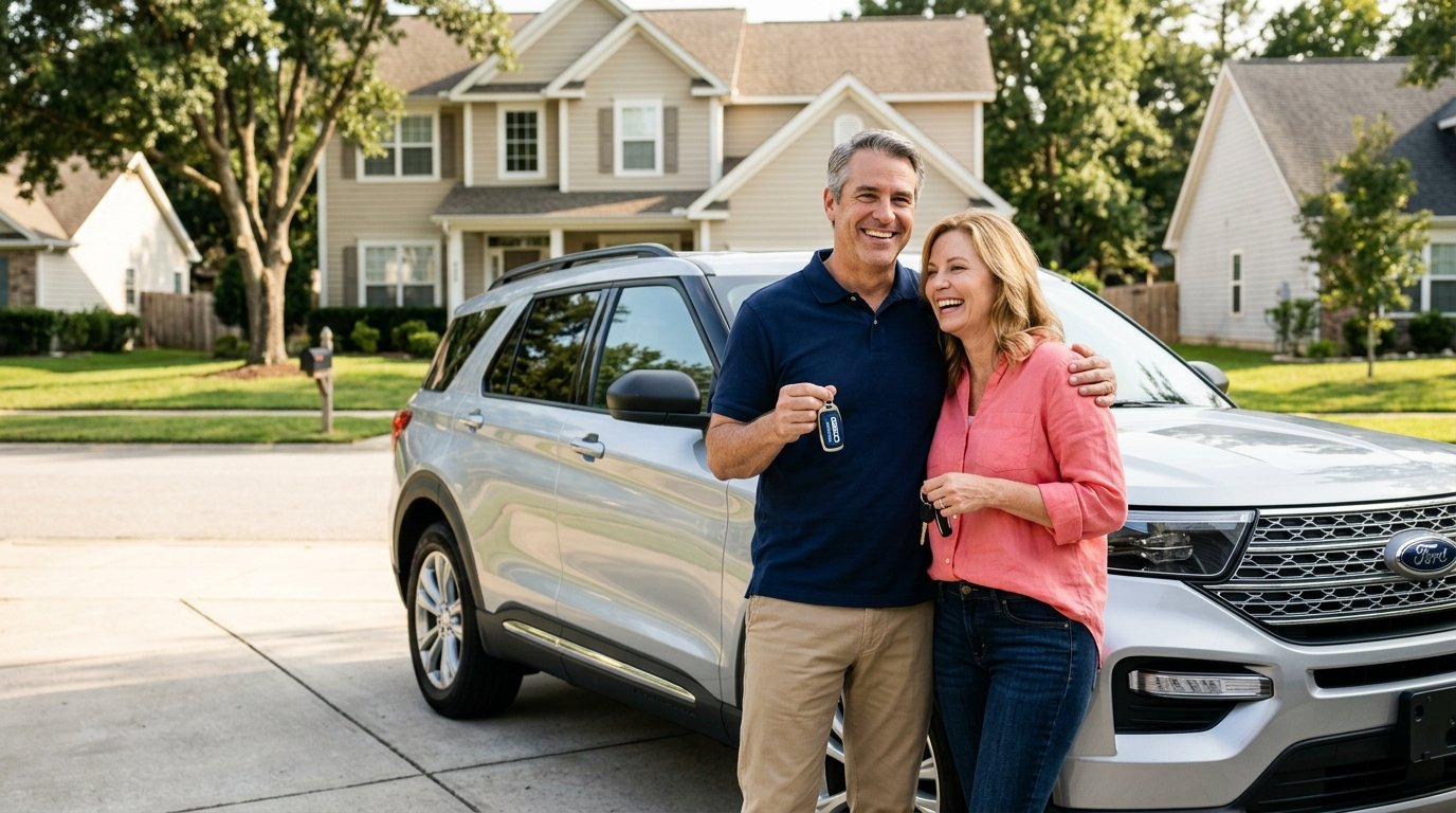 American couple smiling in driveway with modern SUV